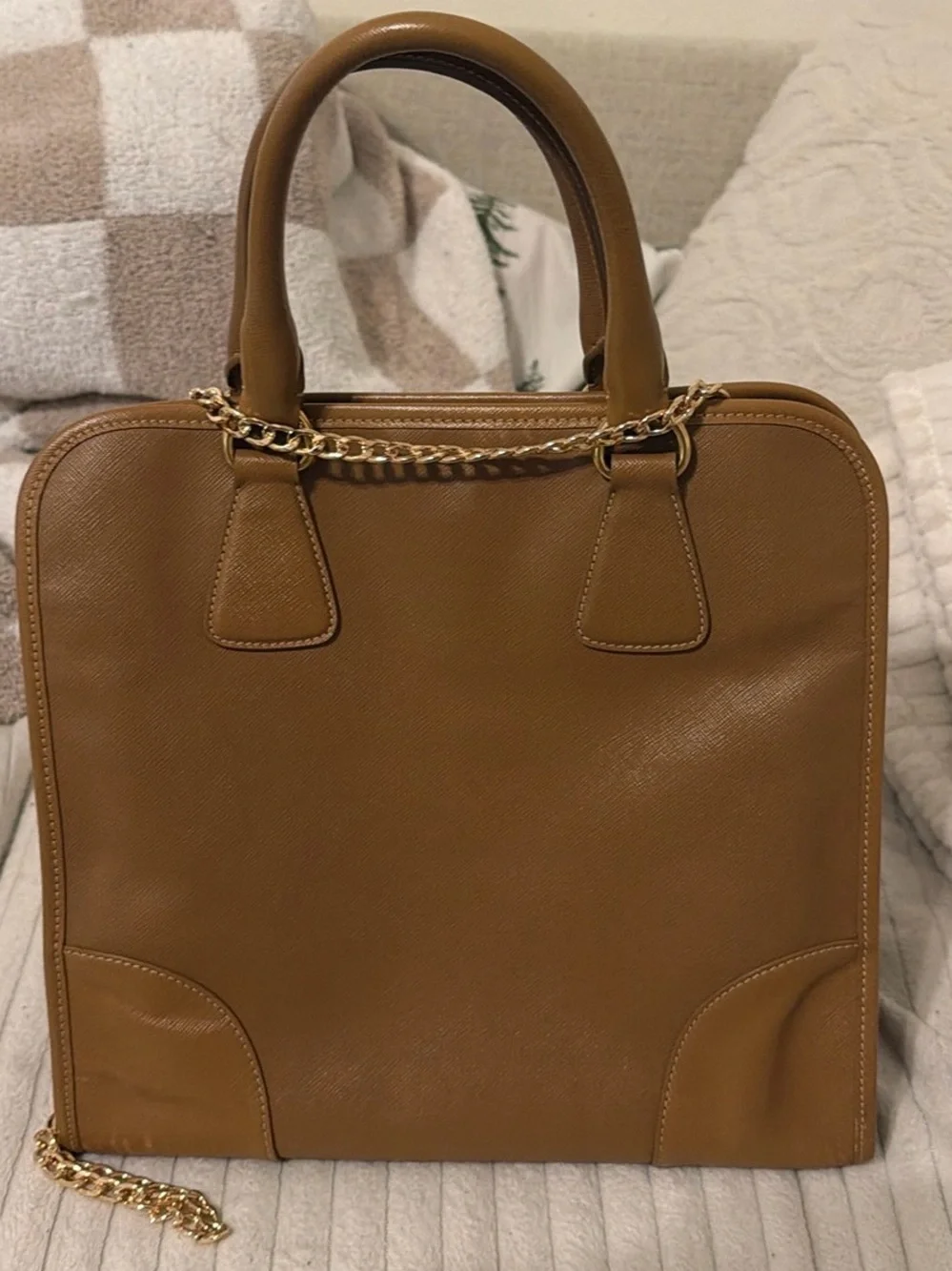 Prada Tan Leather Tote with Gold Chain Strap